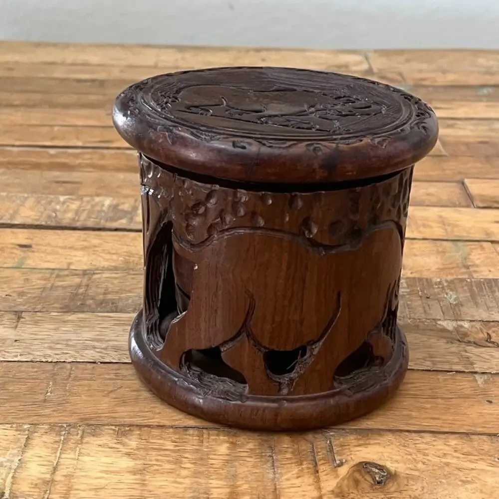 Hand-Carved Wooden Rhino Coaster Set (6) w/ Holder & Lid